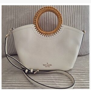 kate spade White Pebbled Leather Shoulder Bag with Woven Round Handle